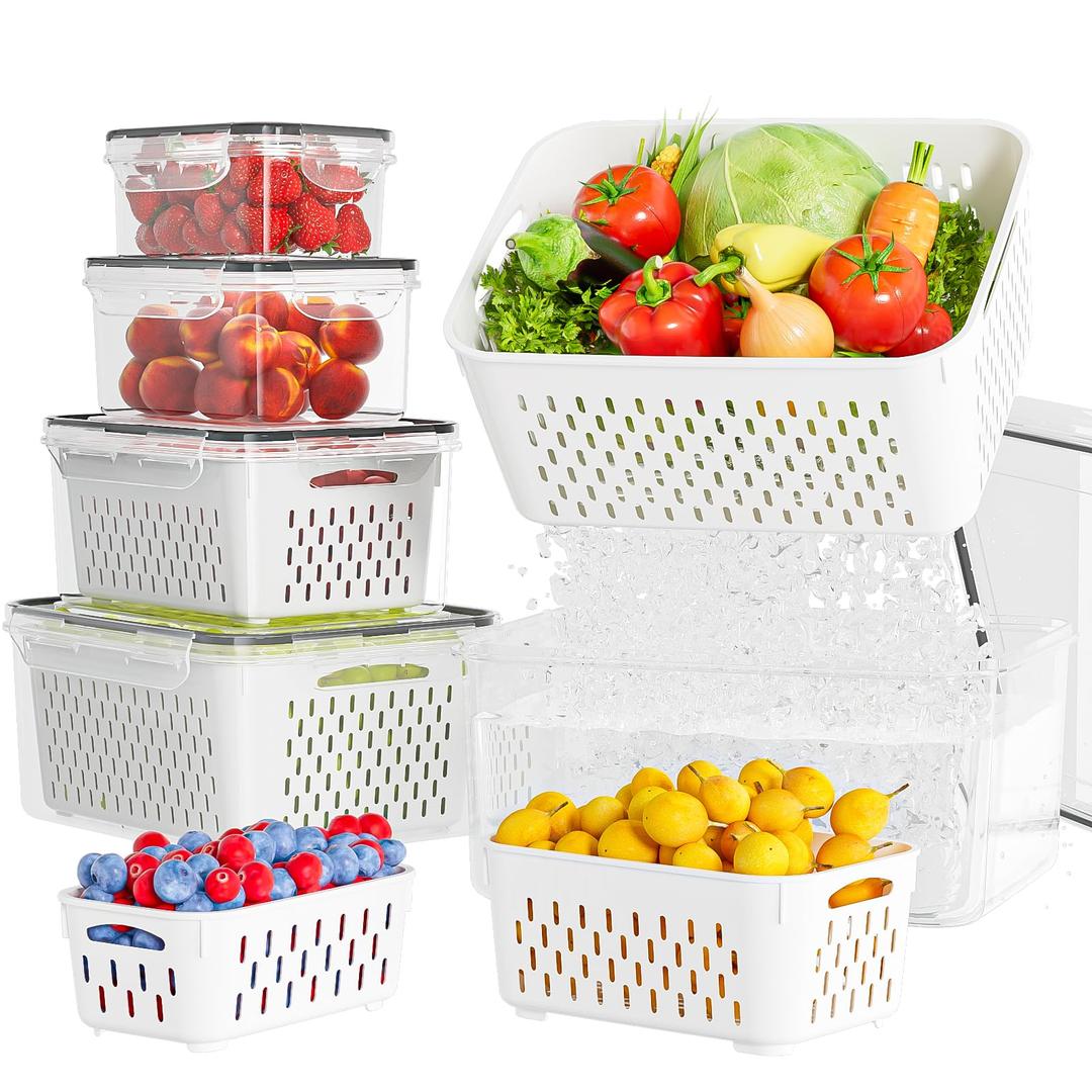 5 Pack Fruit Storage Containers for Fridge with Removable Colanders - Food Storage Containers with Lids, BPA-Free Produce Containers Keep Fruits, Vegetables, Berry, Meat Fresh Longer