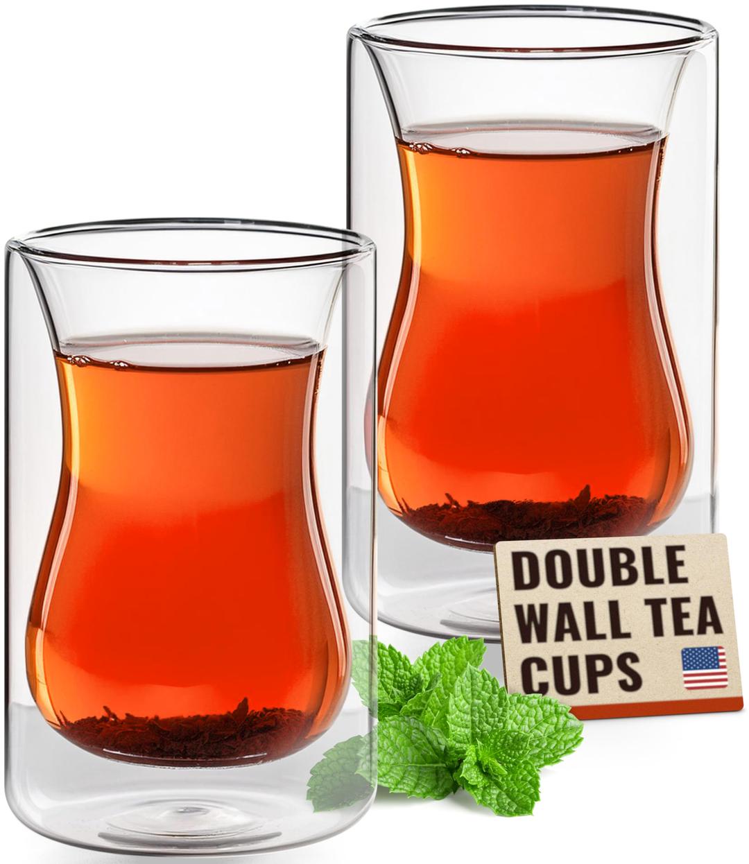 EparéTurkish Clear Glass Tea Cups - Set of 2 Double Wall Clear Glass Coffee Mug - 6 oz Insulated Walled Transparent Glasses for Cafe Latte Espresso or Cappuccino Hot Beverages