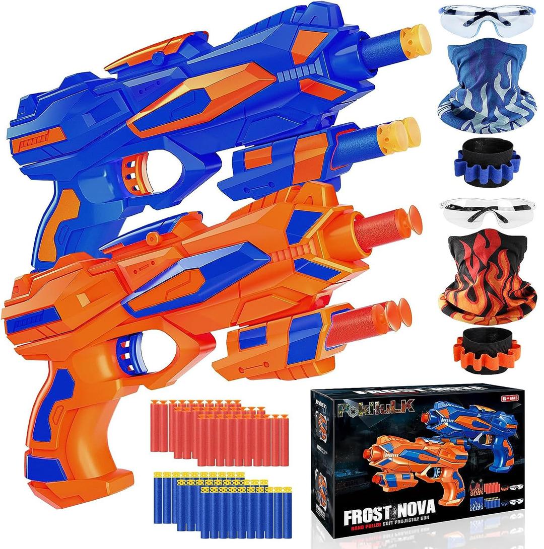 2 Pack Foam Blaster Toy Guns Set-Include 60 Refill Darts, Goggles, Wrist Straps and Masks-Hand Gun Toys Birthday Party Gifts Party Supplies for Boys and Toddlers Aged 6-8 8-12 Years Old