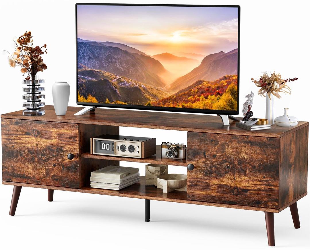 DUMOS TV Stand for 55 60 inch TV, Entertainment Center with Storage Cabinet, Mid Century Modern Media Console Table, Adjustable Hinge, Wooden Television Furniture for Living Room, Brown