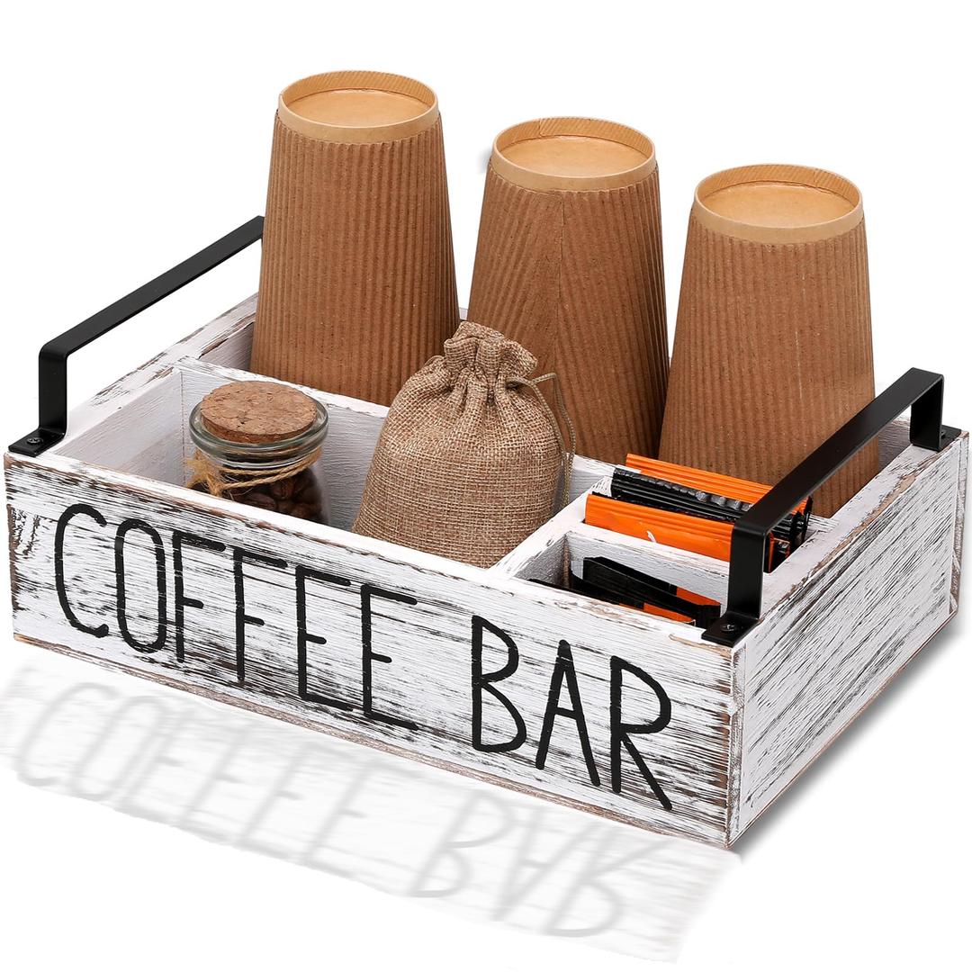 LYJWOO6D Coffee Station Organizer Coffee Pod Holder Wooden Coffee Bar Accessories Organizer for Countertop,Farmhouse Coffee Pod Holder Organizer with Handle,Coffee Bar Decor Rustic White