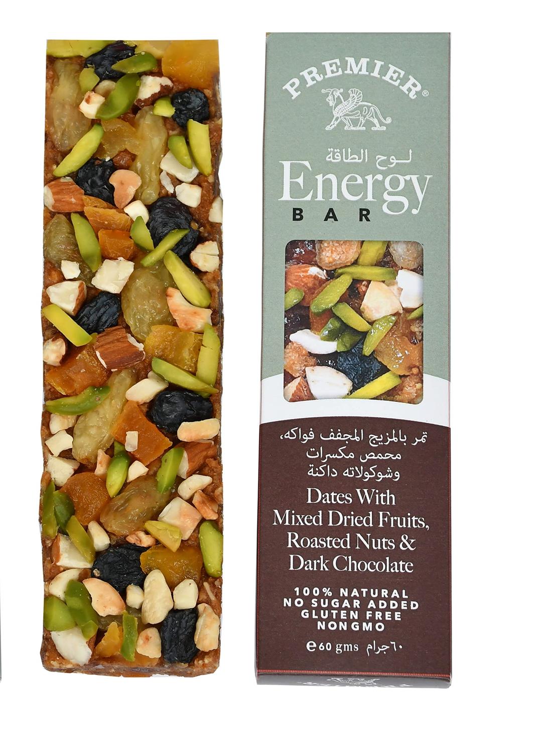 PREMIER ENERGY BAR: DATES WITH MIXED DRIED FRUITS, ROASTED NUTS & DARK CHOCOLATE (60g x 12 BARS)