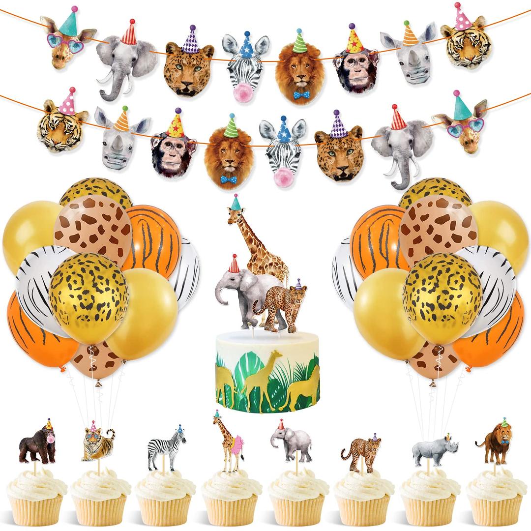 Safari Animals Party Decorations Party Animals Birthday Banner Cake Cupcake Toppers and Balloons for Boys Girls Wild Jungle Animals Birthday Supplies