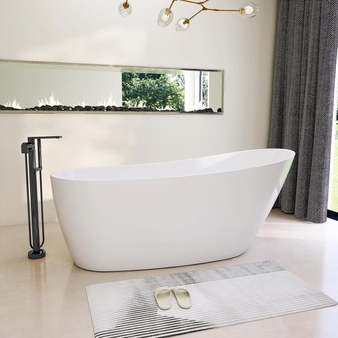 59" High-back Acrylic Bath Tub, Freestanding Bathtubs, Slipper Tub, Soaking Tubs, Integrated Overflow and Drain, cUPC Certified