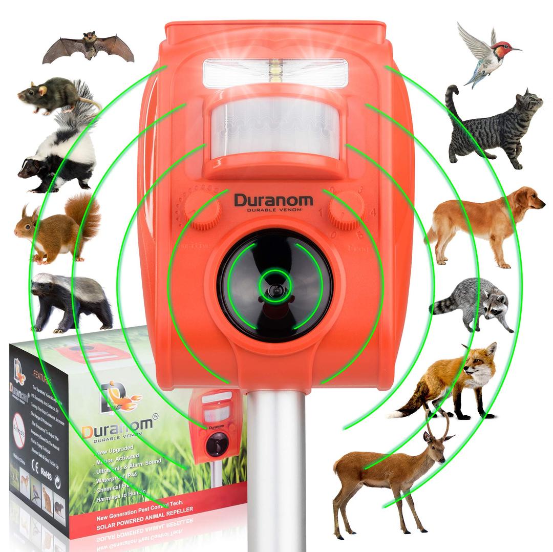 2024 New DURANOM Solar animal Repeller - Ultrasonic Outdoor Whith Motion Sensor Activated Strobe Flashing Ligh - Deer, Cat Skunk Repellent Ultrasonic Animal Deterrent System Blasts Animals Away Chaser