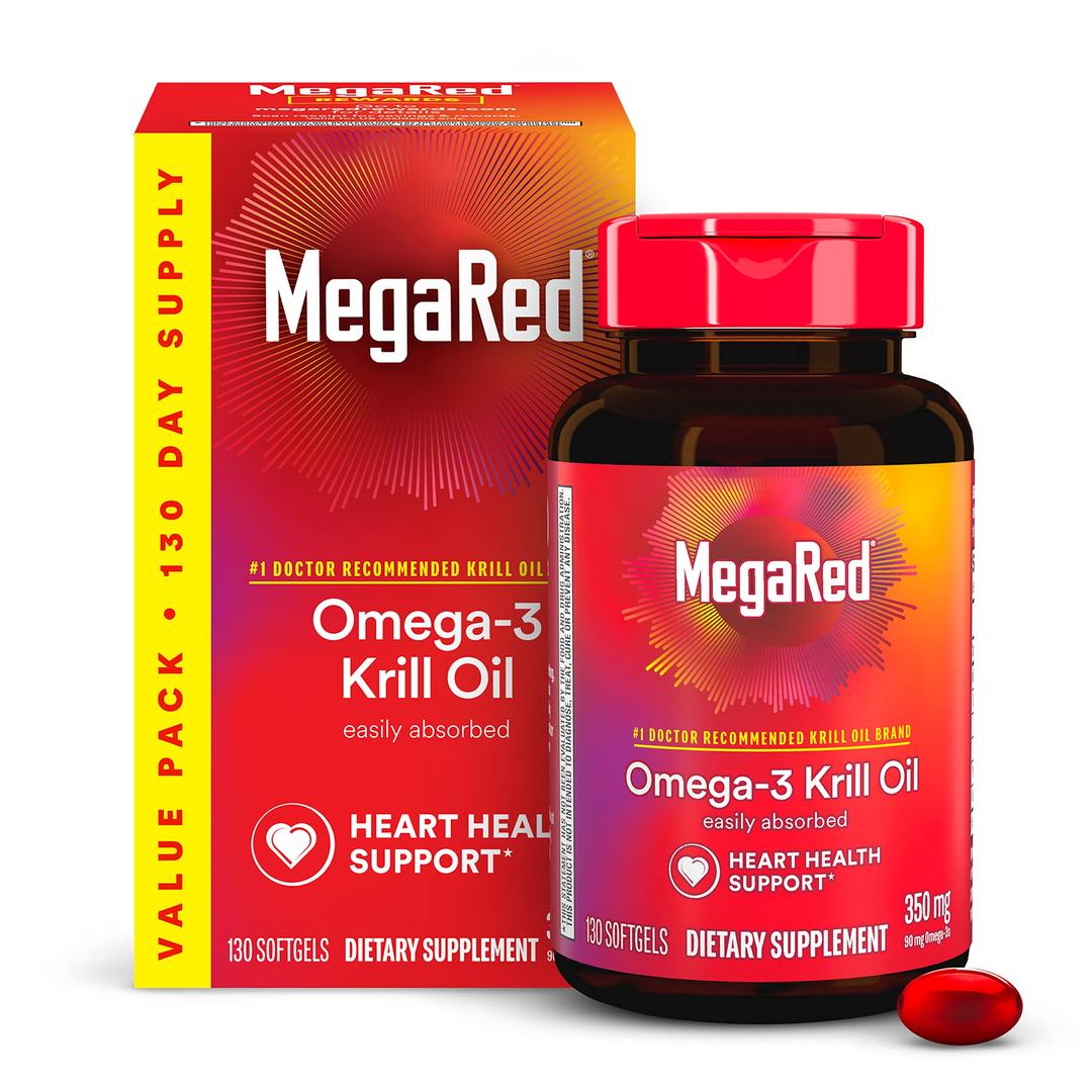 MegaRedKrill Oil 350mg Omega 3 Supplement, #1 Dr Recommended Krill Oil Brand with EPA, DHA, Astaxanthin & Phopholipids, Supports Heart, Brain, Joint and Eye Health - 130 Softgels (130 Servings)