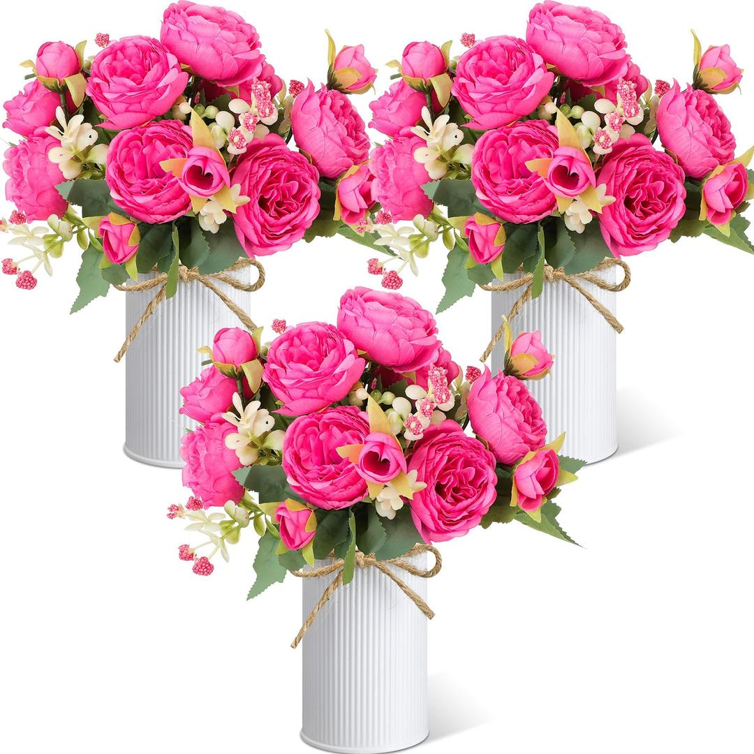 3 Sets Artificial Peonies Flower Peony Bouquet with Galvanized Metal Pot Silk Fake Peonies Faux Flower Arrangements for Wedding Table Centerpiece Party Home Room (Rose Red)