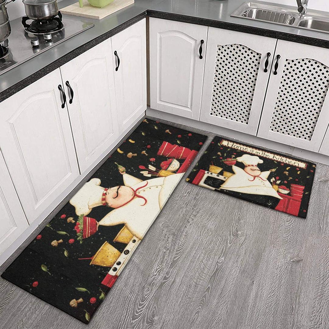 2 PCS Kitchen Rugs and Mats Washable Non Skid, Soft Super Absorbent Fat Chef Kitchen Mat for Doormat Bathroom Runner Set (17"x47"+17"x30",Fat Chef)