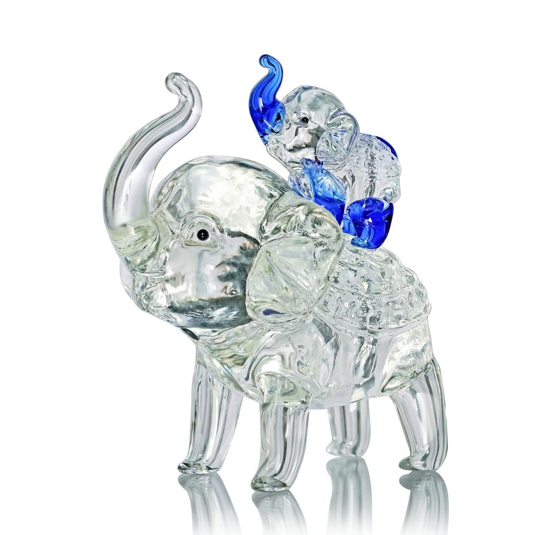 Crystal Elephant Figurines Mother Son Glass Elephants with Trunk Up Crystal Animal Collectible Figurines Ornaments Birthday for Mum Women Tabletop Decoration for Home Office