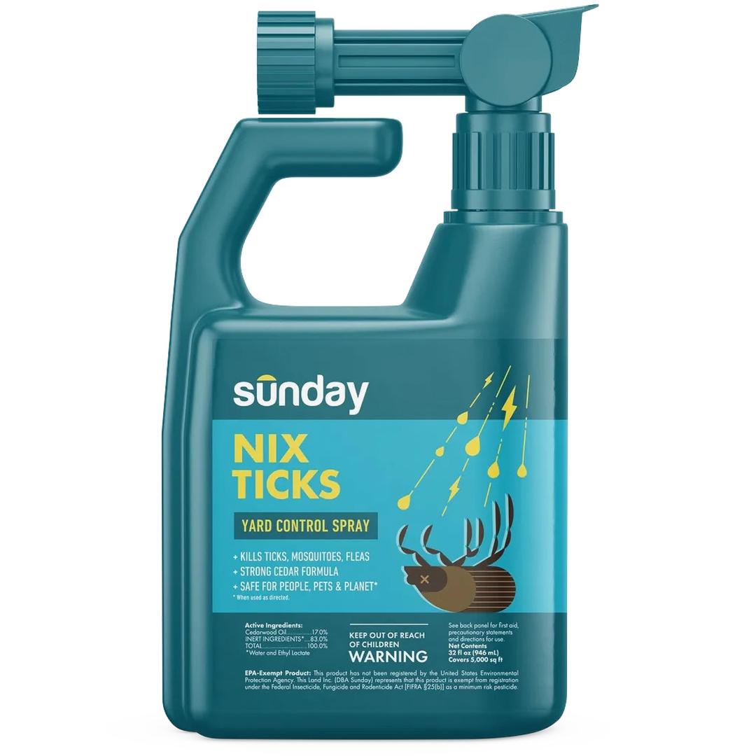 Sunday Nix Ticks - Tick Control Spray - Ready-to-Use Bug Spray - Concentrated Cedar Oil - Helps Kill Ticks, Tick Larvae, Fleas, and Mosquitos - Lasts up to 4 Weeks - 32 Fl Oz