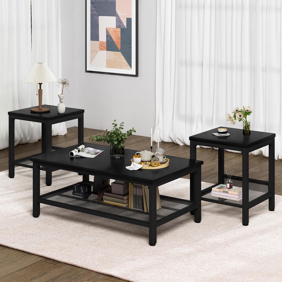 Lamerge3 Pieces Living Room Table Set, Industrial Coffee Table with 2 Square End Side Tables, Coffee Table Set with Metal Frame for Apartment Home Office, Black