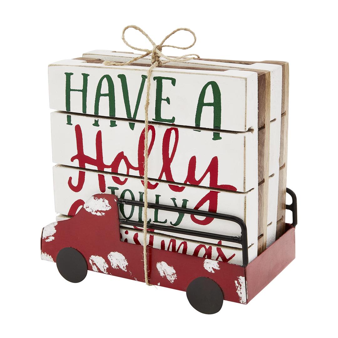 Mud Pie Farmhouse Christmas Coasters and Truck Holder, Multi, Coaster 4" x 4" | Truck 2" x 4 1/2"