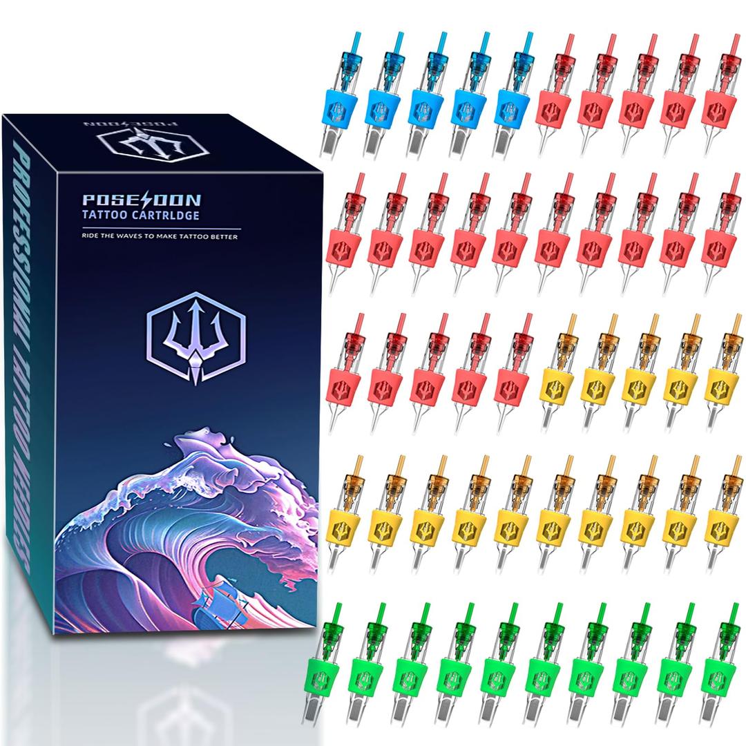 Poseidon 50Pcs Tattoo Cartridge Needles Assorted Mixed Size Round Liner Shader Magnum Curved/Round Mag # 12 Standard 3RL 5RL 7RL 9RL 5RS 7RS 9RS 7RM 9RM 9M1 Disposable Membrane for Tattoo Pen