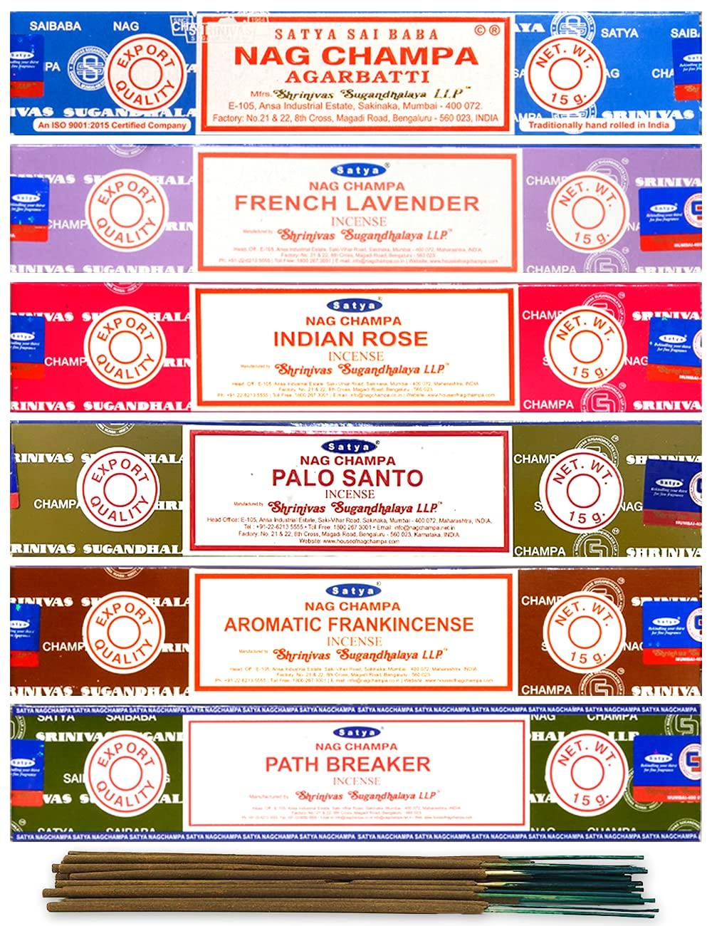 SatyaOrganic Incense Sticks- Gift Set of 6 Pack - Nag Champa,Indian Rose,French Lavender,Aromatic Frankincense, Palo Santo,Path Breaker, Natural Incense Sticks 15 Grams x 6 Pack, Blue