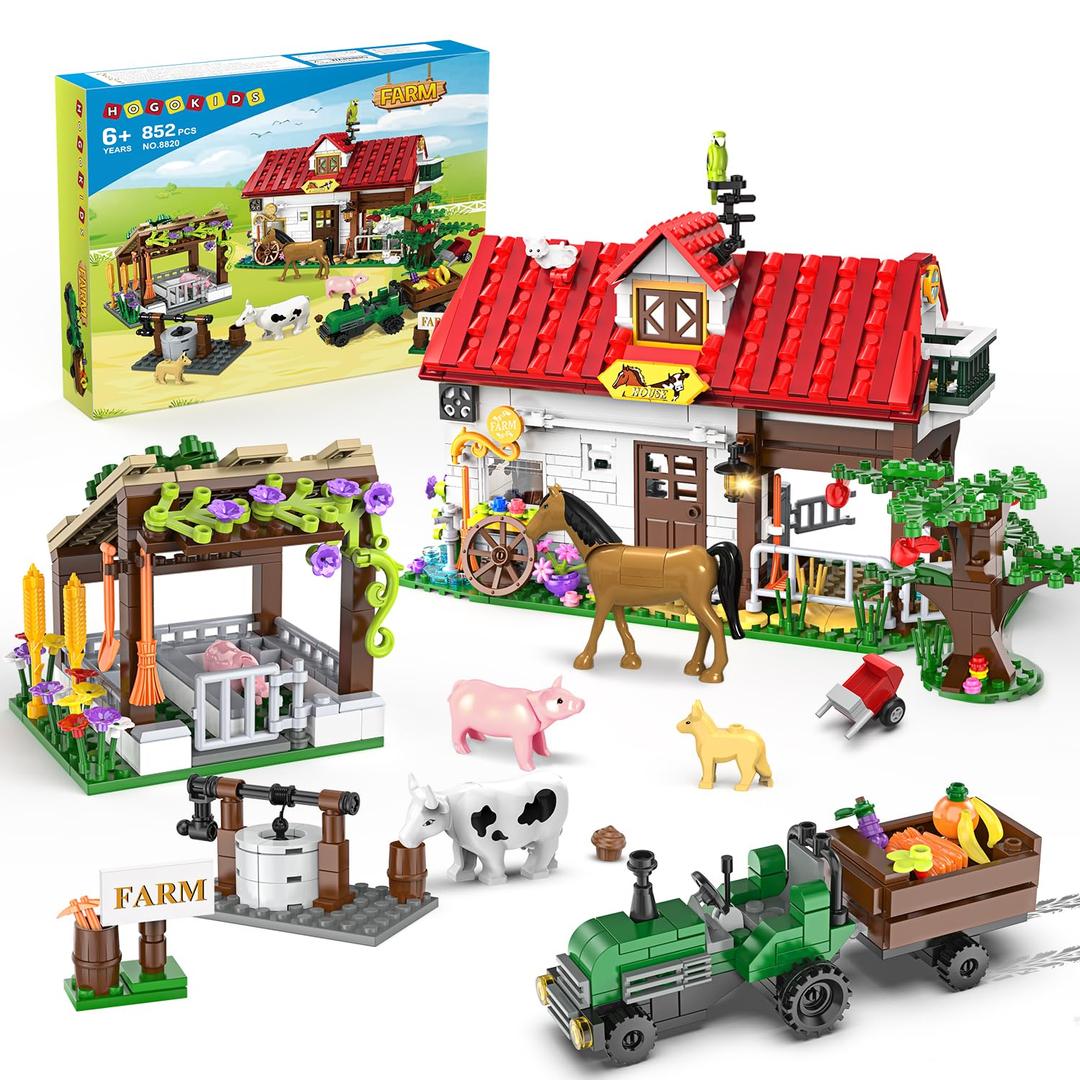 HOGOKIDSFarm House Building Toy for Grils Boys - 852 PCS Valentine's Day City Farm Animals Building Block Set with Horse Tractor Farm Tools | Creative Easter Gift for Kids Ages 6 7 8 9 10 11 12+