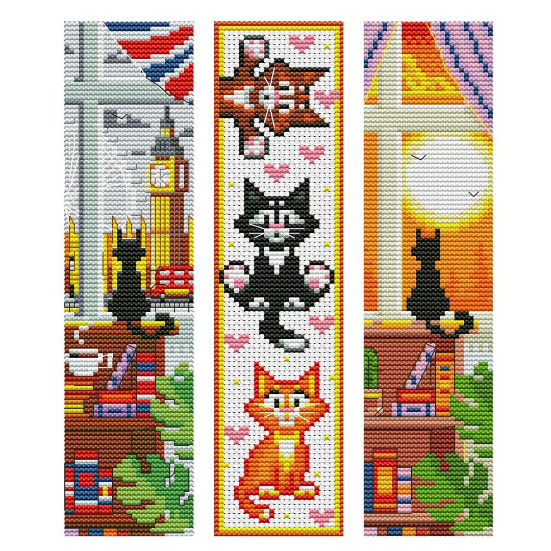 3 PCS Cross Stitch Bookmark Kit,Stamped Bookmarks Cross Stitch Kits for Adults Beginners,DIY Embroidery Bookmarks Cross Stitch Kits,14CT(Cats)