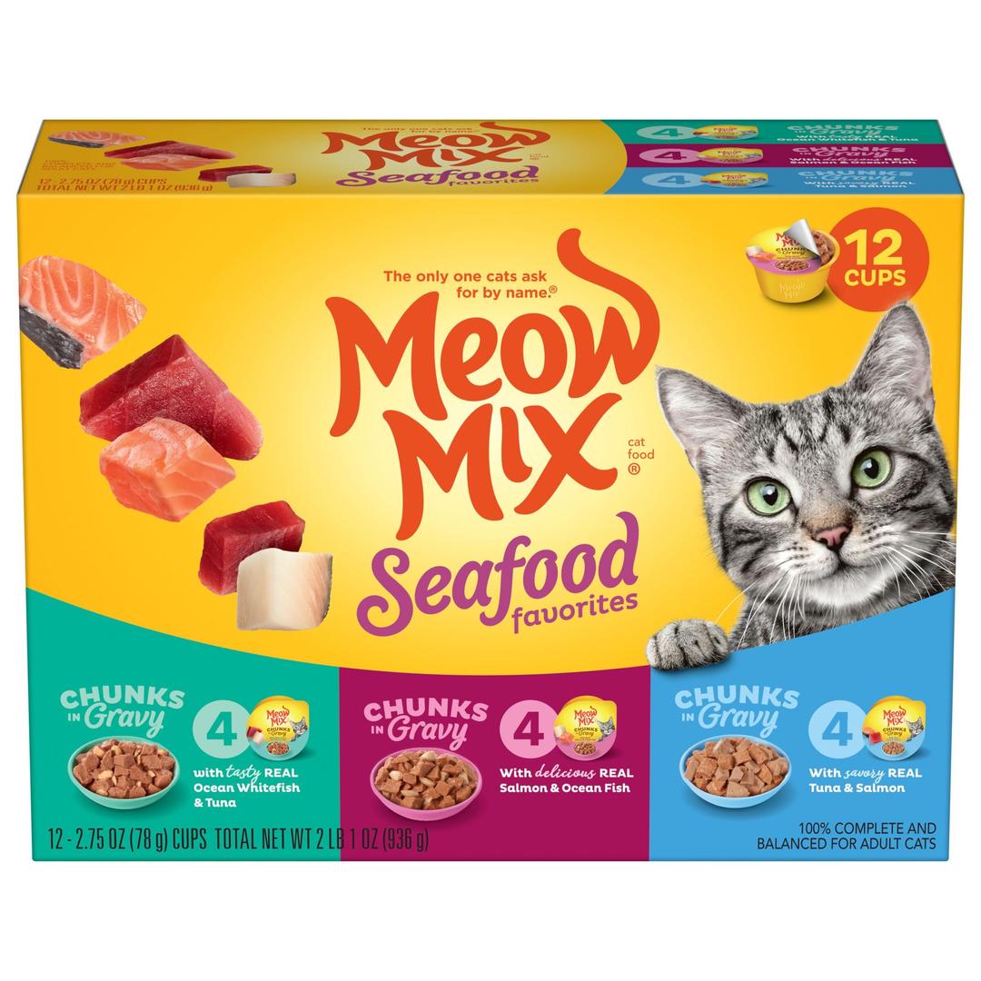 Meow MixSeafood Favorites Chunks in Gravy Wet Cat Food Variety Pack, 2.75 Ounce (Pack of 12)