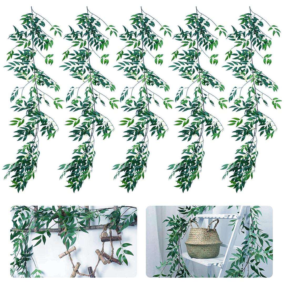 ANPHSIN 5 Pack (28ft) Artificial Willow Leaves Vines Twigs- Fake Silk Hanging Willow Plant Greenery Garland String for Indoor Wedding Party Crowns Wreath Decor, Outdoor Wall Garden Decoration