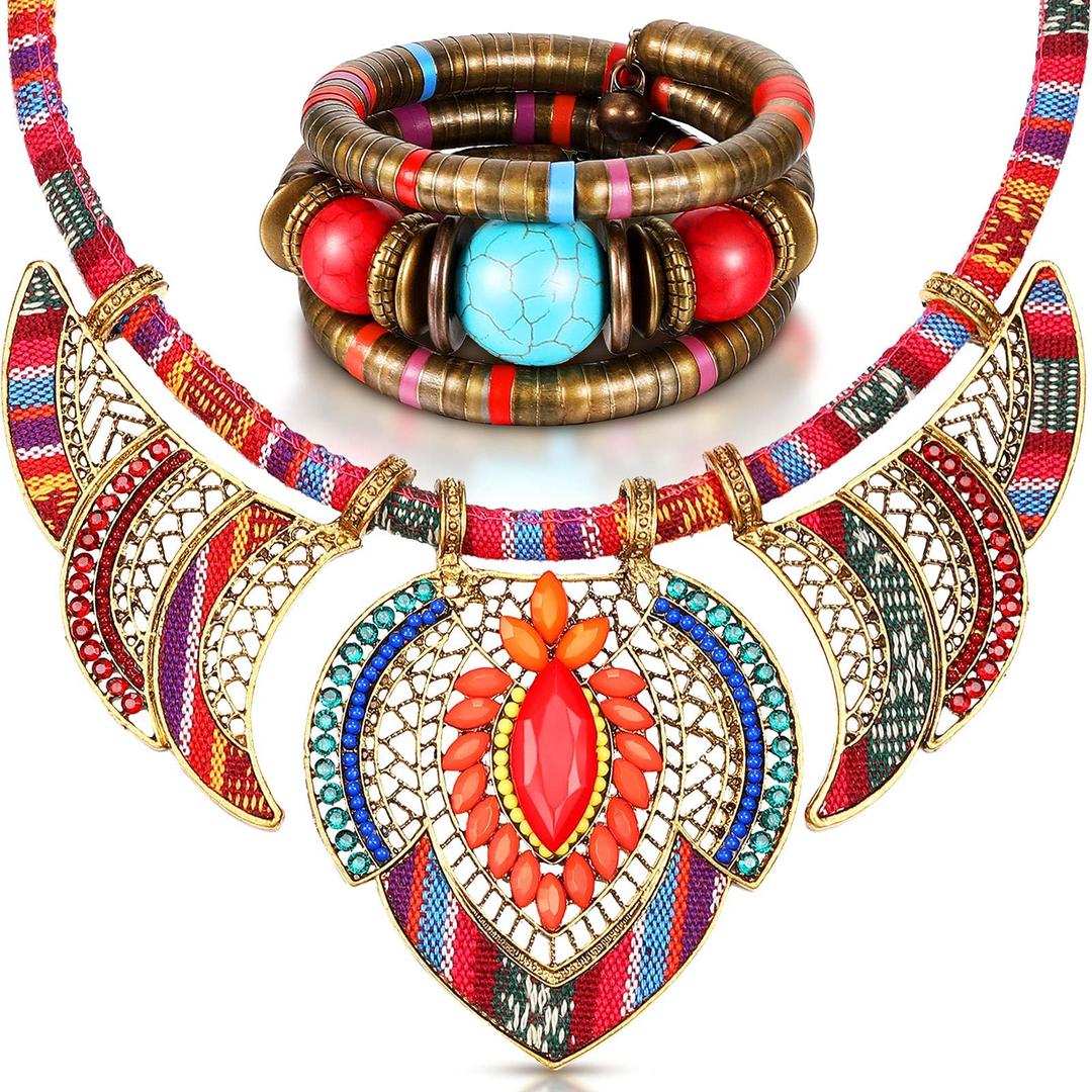 SYOSIBeaded Choker Bracelet, SYOSI, Ethnic Style Tribal Beads Necklace Chunky Colorful Collar Bib Necklace Costume Necklace and African Tribal Bracelet Bohemian Wristband