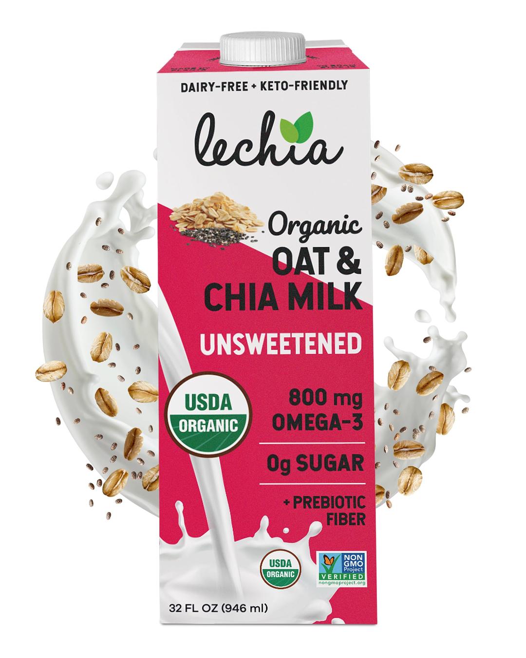 Organic Oat & Chia Milk, Zero Sugar, Oat Milk, with 800mg OMEGA-3 and Prebiotic Fiber, Vegan, Dairy Free, Gluten Free, Plant Based, Lactose Free, Non-GMO, Shelf-Stable, Low Carb, Keto, Soy Free, Kosher, Lechia, 32oz (6 Pack)