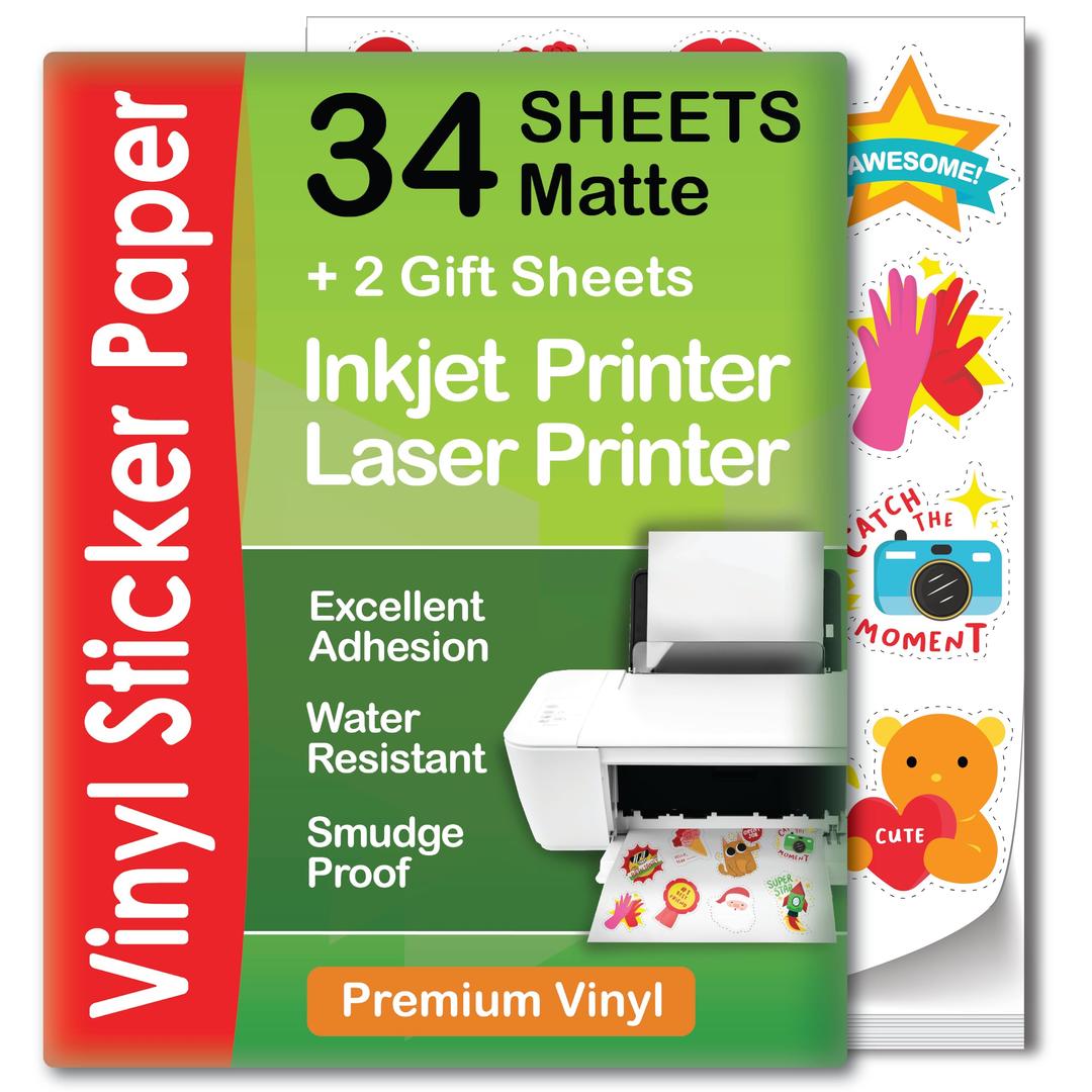 Premium Printable Vinyl Sticker Paper for Inkjet & Laser Printer - 34 Sheets Self-Adhesive Sheets Matte White Waterproof, Dries Quickly Vivid Colors, Holds Ink well- Tear Resistant