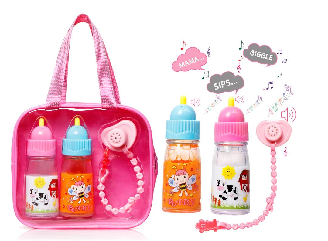 My Sweet Baby Disappearing Doll Feeding Set® | Talking Magic Bottles with Squeaking Tips. Sips and Giggles - Include 2 Doll Bottles with Disappearing Milk and Juice - 1 Pacifier W/Sound and CLIP