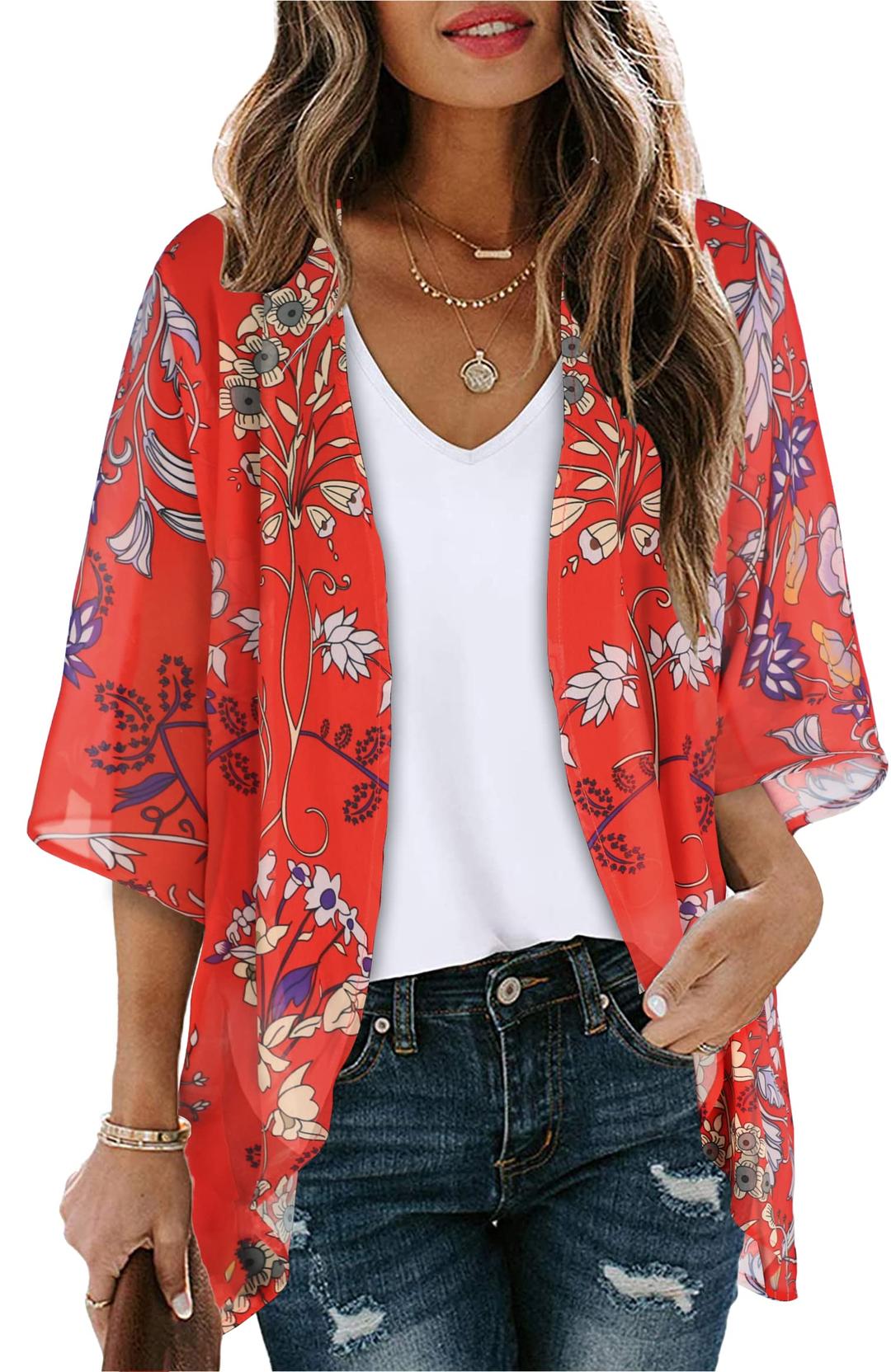 CHICGALWomen's Floral Print Puff Sleeve Kimono Cardigan Loose Cover Up Casual Blouse Tops