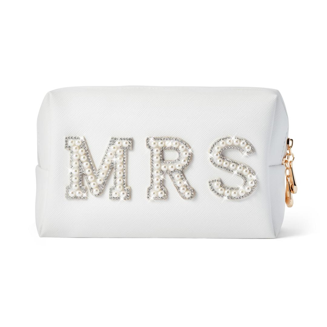 Y1tveiBride Patch MRS Varsity Letter Cosmetic Toiletry Bag Pearl Rhinestone Letter Patches Bling Small White Makeup Bag PU Leather Waterproof Portable Zipper Purse Travel Organizer for Women Girls