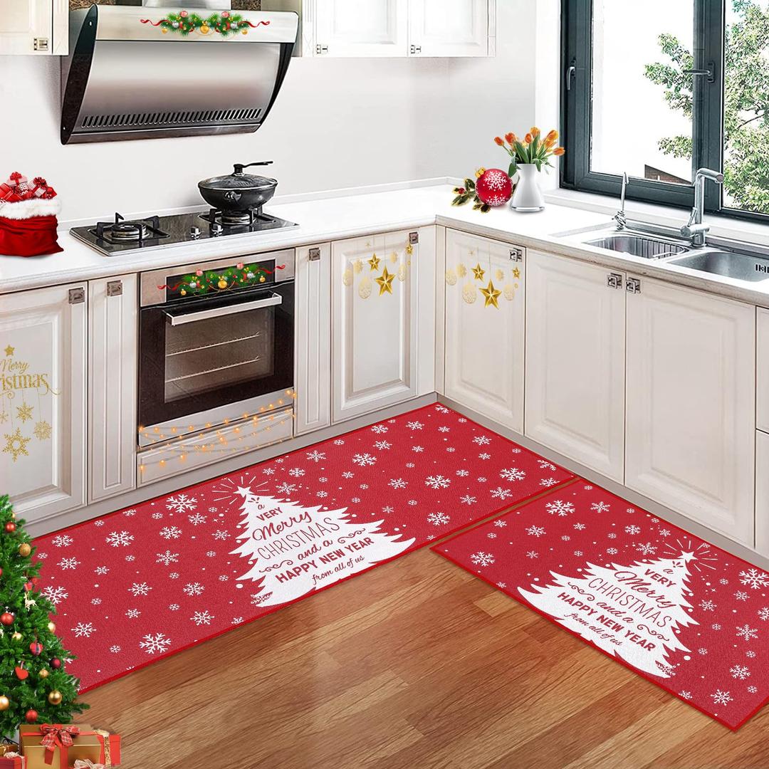 Haperlare Christmas Kitchen Rug Sets Xmas Holiday Snowflake and Christmas Tree Kitchen Mat 2 Pieces Non-Slip Decorative Doormat Area Runner Carpet Set Floor Mat for Home Decoration, 17"x29"+17"x47"