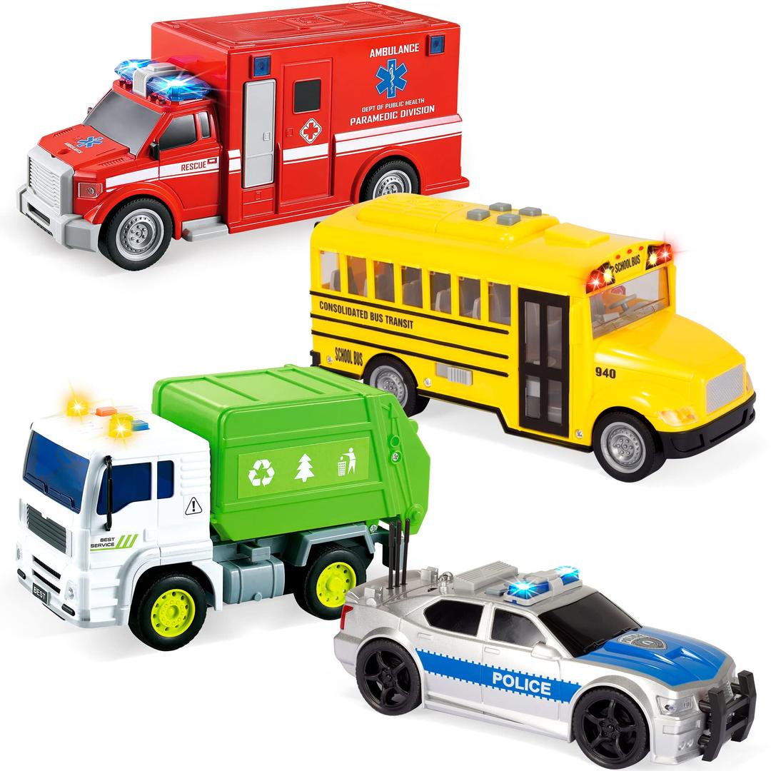 JOYIN 4 Pcs 7" Long Vehicle Toy Set, Toddlers Cars with Lights and Siren Sound, Including Play Police Car, School Bus, Toy Garbage Truck, Ambulance Toy, Christmas Birthday Gifts Toys for Boys 3-5