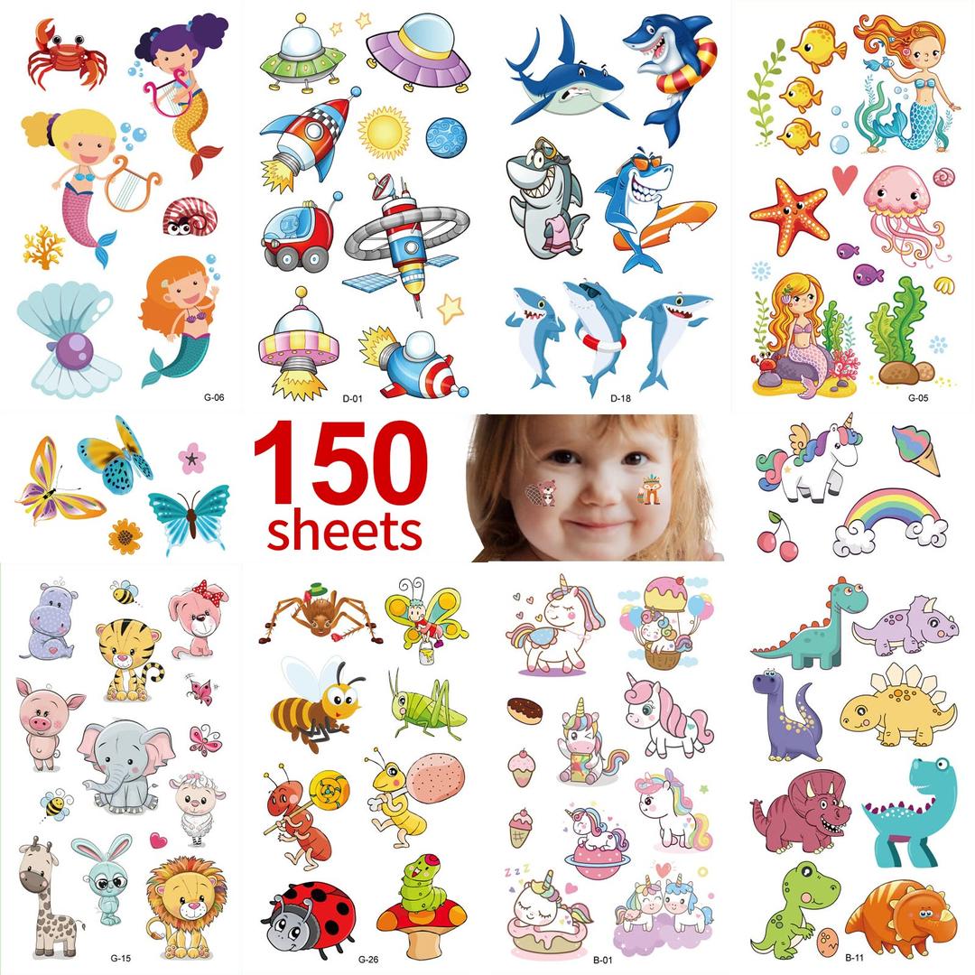 Metker Tattoos for Kids - 150 Sheets(1700+ Mixed Styles Patterns) | Temporary Tattoos Stickers for Girls and Boys | Goody Bag Favor for Parties | Non-toxic、Skin-Safe*、Cosmetic-Grade