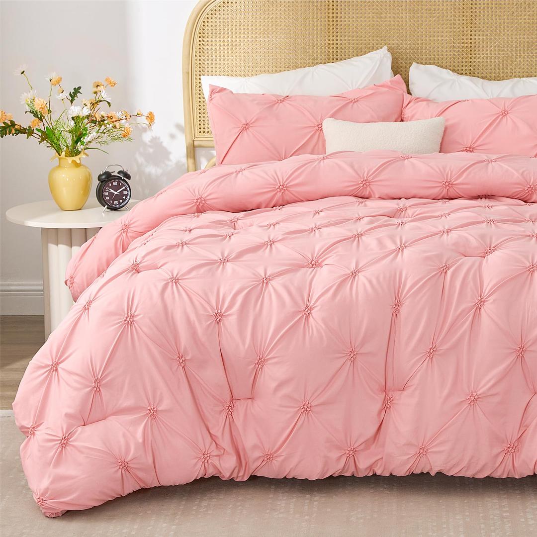 BEDELITE Pink Comforter Set Queen - 3 Pieces Boho Pintuck Bedding Comforter Sets, Lightweight Soft & Warm Bed Comforter Queen with 2 Pillowcases for All Season