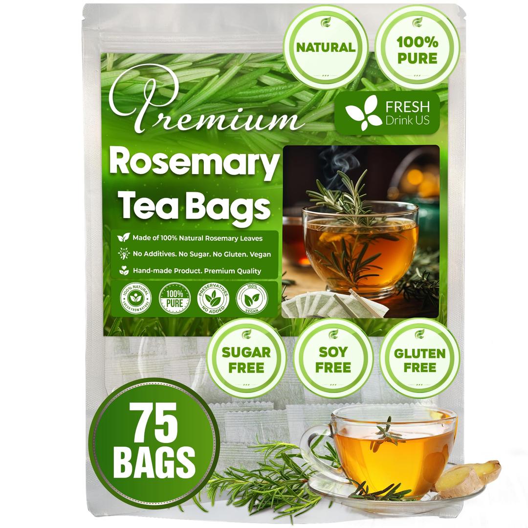 FreshDrinkUS, Premium 75 Rosemary Leaf Tea Bags, 100% Natural and Pure Rosemary Dried Leaves, Pure Rosemary Herbal Tea, No Additives, No Caffeine, No Gluten, Vegan.