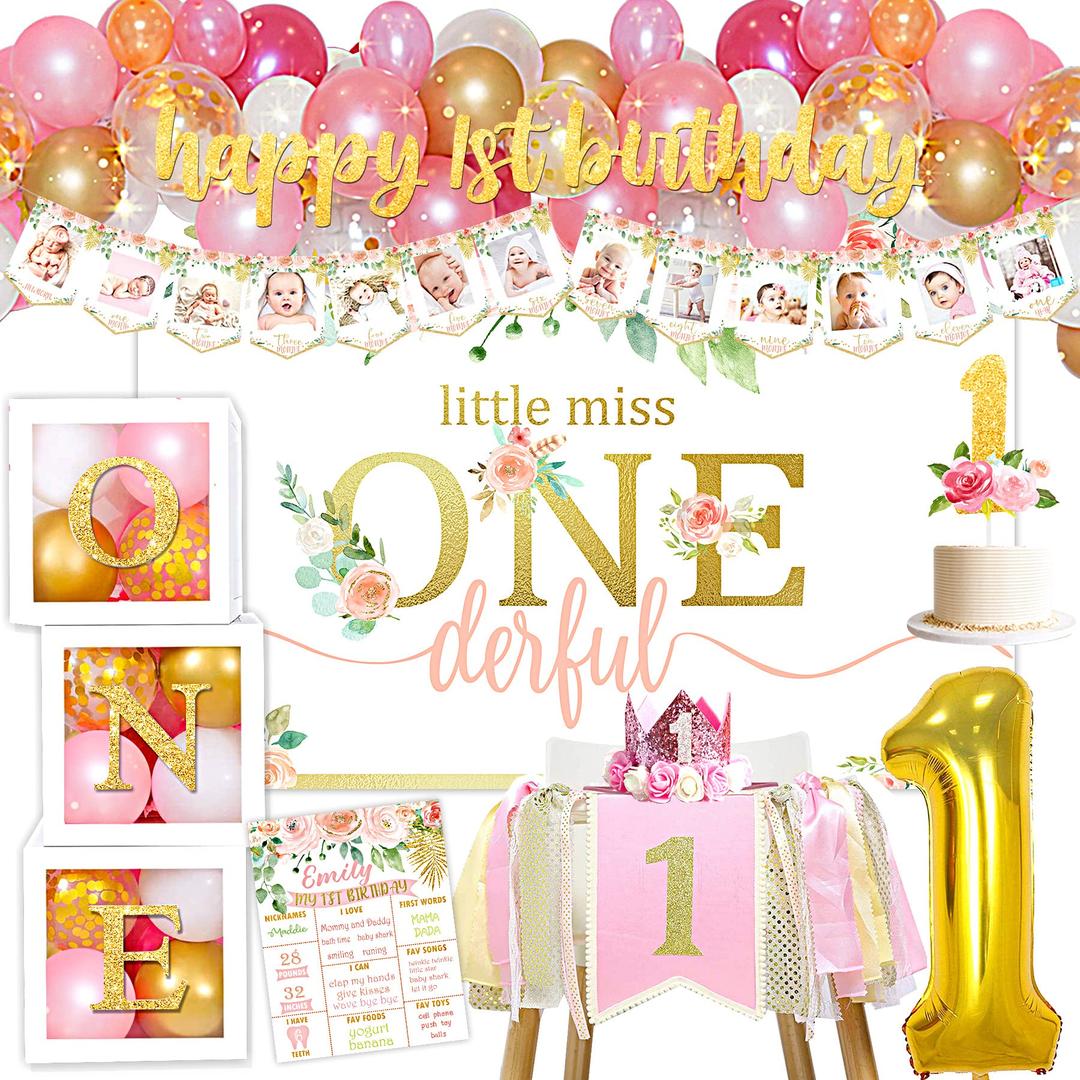 Baby Girl 1st Birthday Decorations Supplies, 1st Birthday Girl Decorations, Baby First Birthday Decorations for Girl, First Birthday Balloon Boxes, Backdrop, High Chair Banner, Crown, Photo Banner