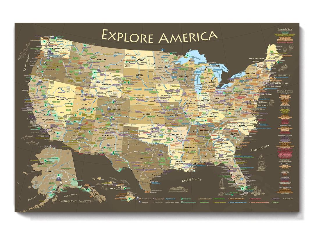 National Parks Map Poster with USA Travel Destinations - Brown Edition US Travel Map Wall Posters - National park checklist (24W x 16H inches)