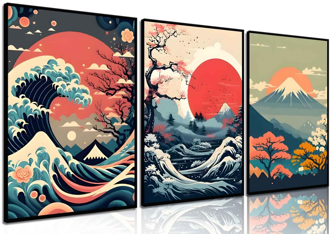 3Pcs Japanese Wall Art Asian Nature Landscape Posters Pictures Kanagawa Giant Wave Canvas Prints Mount Japanese Fuji Art Paintings Cherry Blossom Lake Wall Decor for Living Room Bedroom Office Unframed