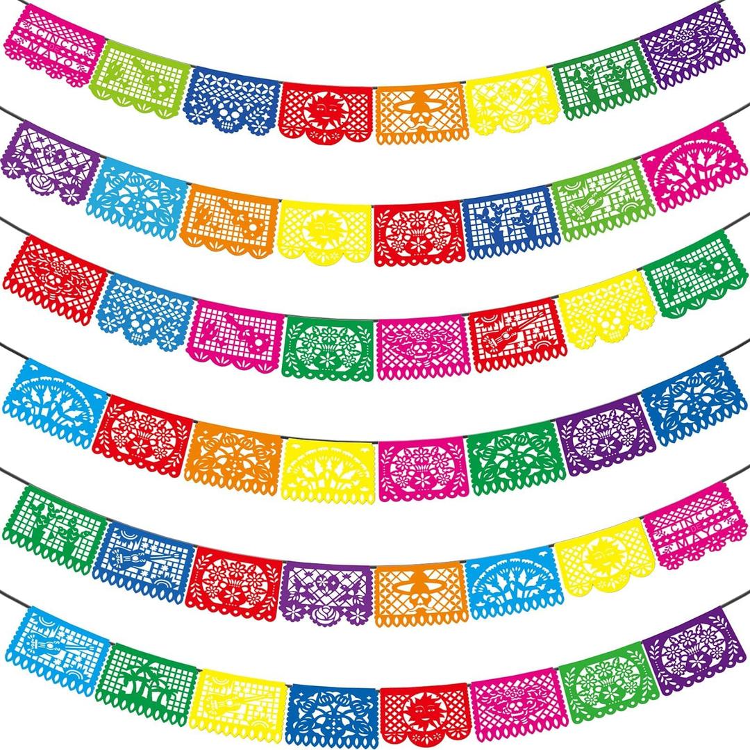 6 PCS Fiesta Party Decorations Mexican Party Banners, Independence Day Decor, Cinco De Mayo Mexico Decor, Plastic Papel Picado, Dia De Los Muertos, Day of The Dead Decor, 12 Patterns/90 Feet Total