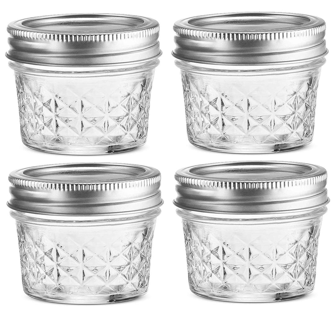 STAR WORK - 100 ML Mason Jar BPA-Free Mini Canning Jars with Regular Lids and Bands Jelly Jars for Jam, Honey, Wedding Favors, Shower Favors, Baby Foods, DIY Spice Jars Pack of (4) Container