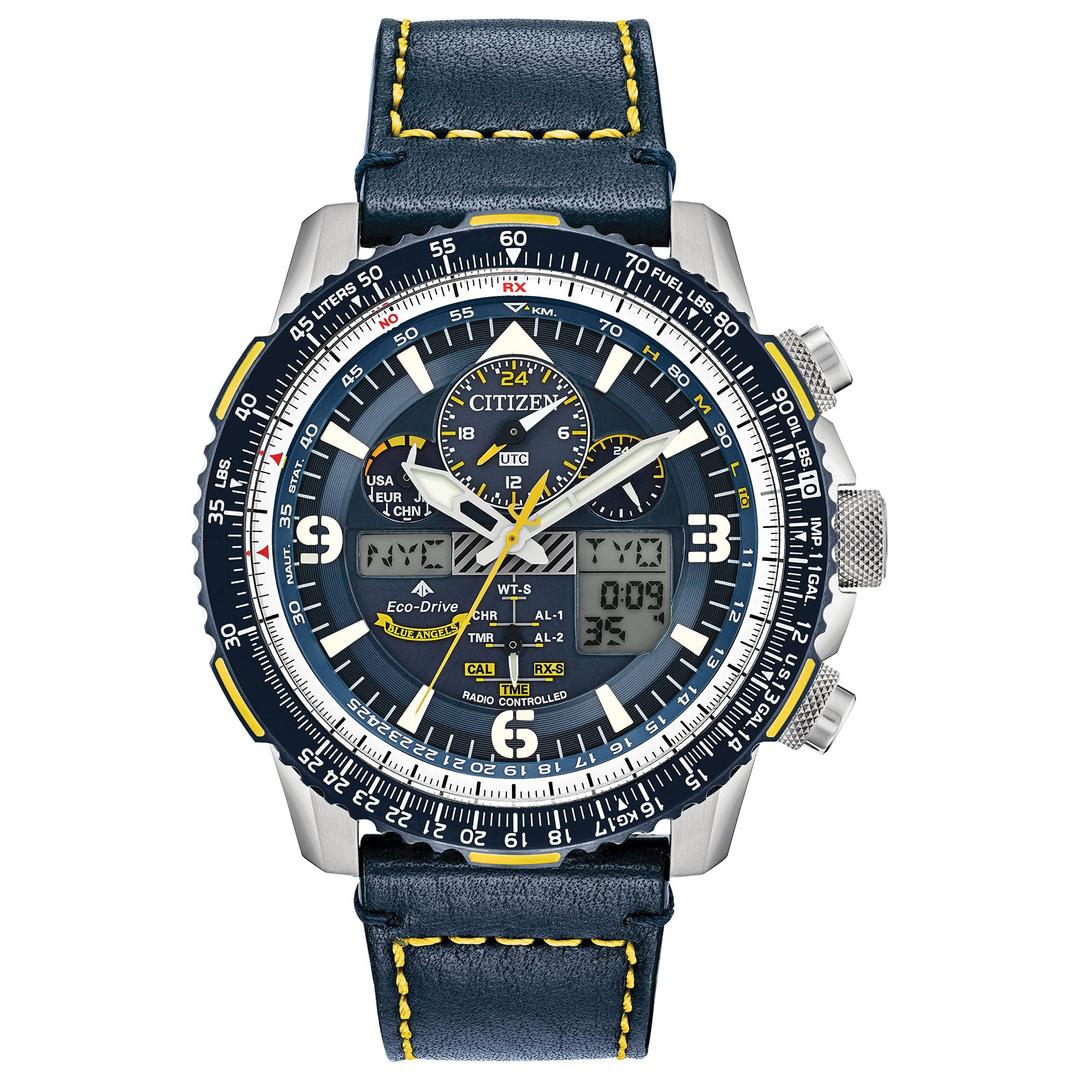 CitizenMen's Eco-Drive Promaster Air Skyhawk Atomic Time Keeping Pilot Watch in Stainless Steel with Blue Leather strap, Blue Dial (Model: JY8078-01L)