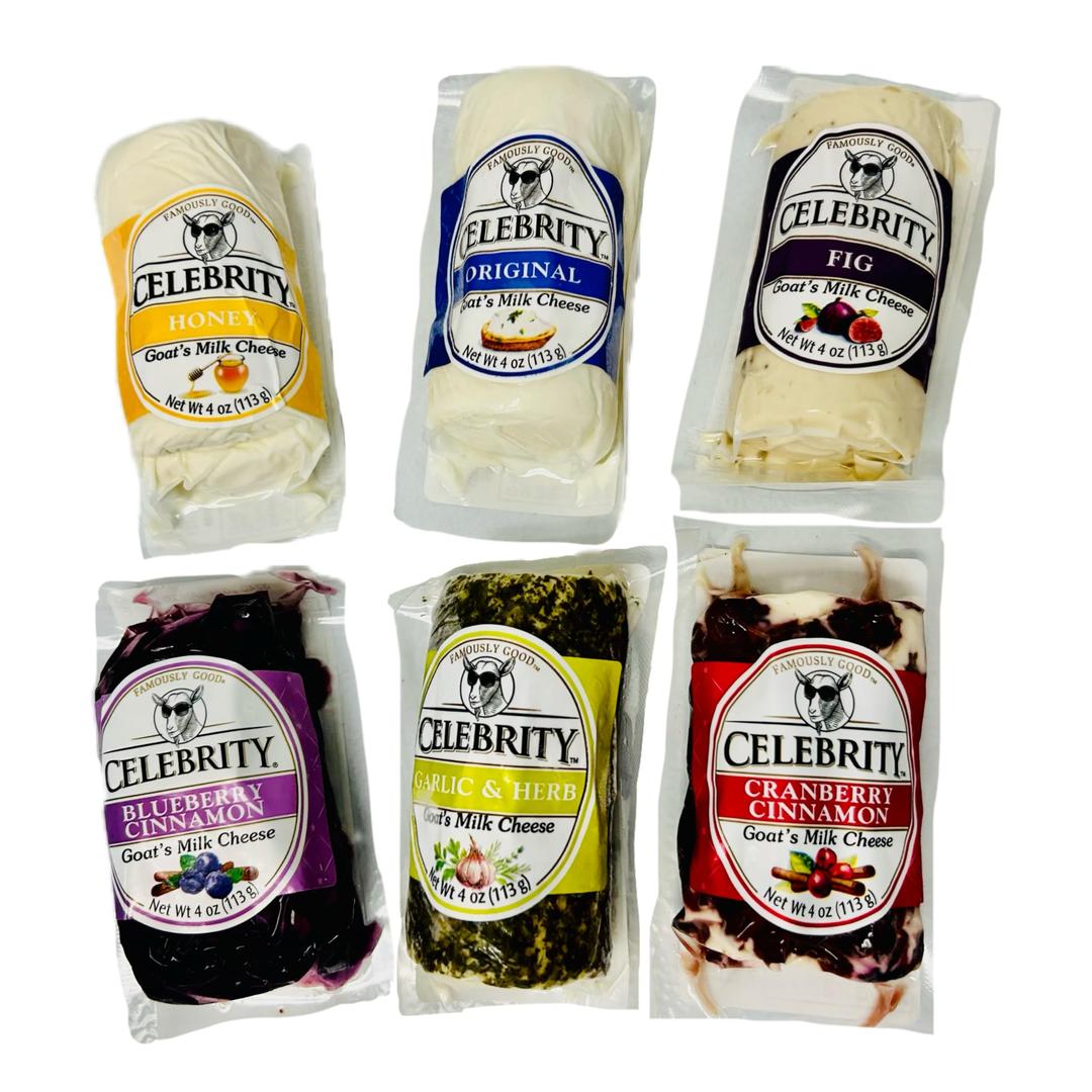 Goat cheese by Celebrity | 6 flavor pack includes Fig, Cranberry Cinnamon, Honey, Blueberry Cinnamon, Original, and Garlic Herb | Goat cheese 4oz 6 pack