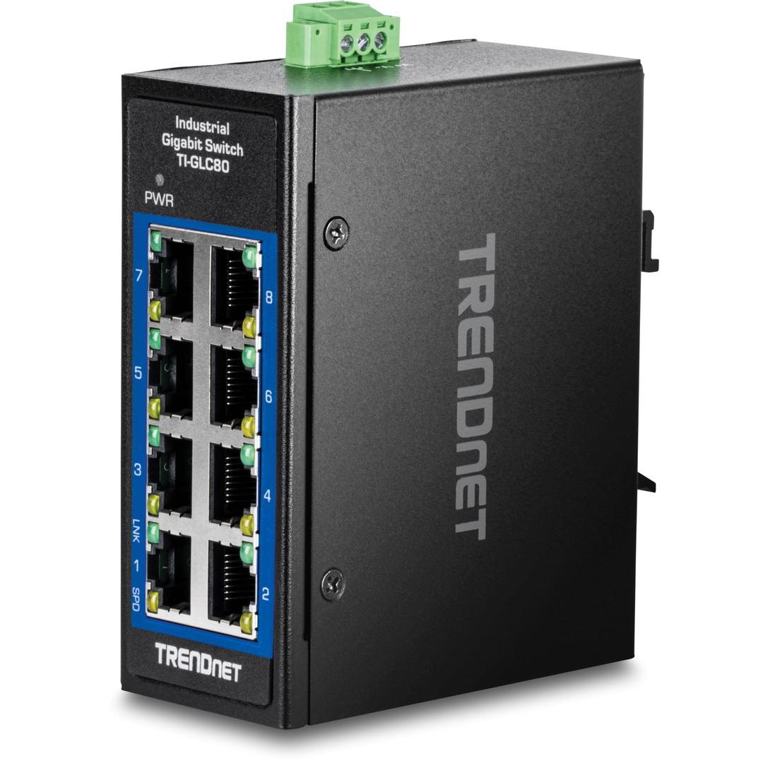 TRENDnet 8-Port Industrial Gigabit DIN-Rail Mini Switch, TI-GLC80, 8 x Gigabit Ports, Extreme Temperature IP30 Rated, 16Gbps Switch Capacity, Black