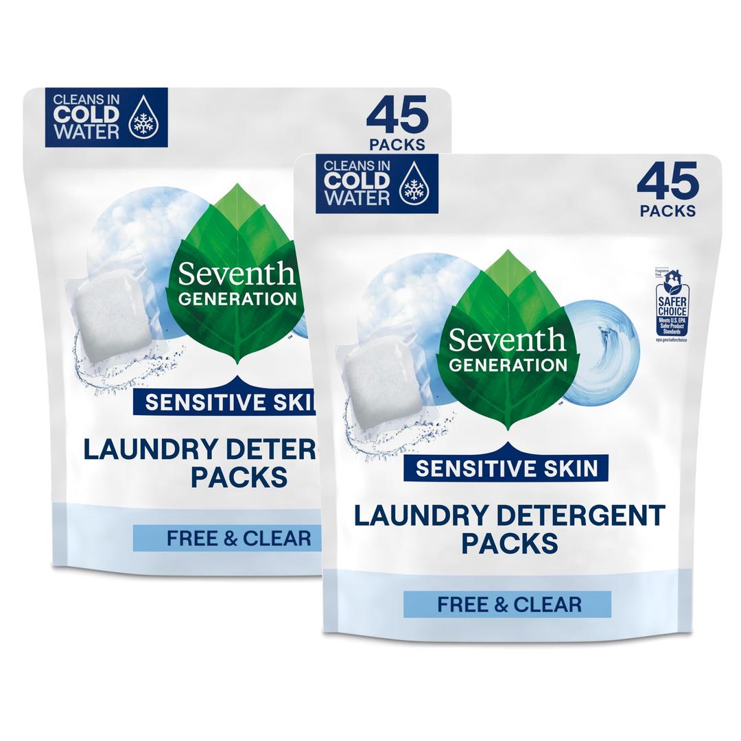 Seventh Generation Laundry Detergent Packs, Free & Clear, 90 Loads (2 pouches, 45 Ct EA)