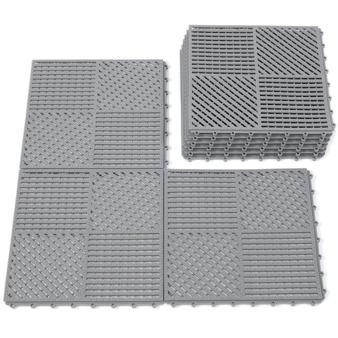 9 Pack Interlocking Drainage Tiles Double Non-Slip Tiles Mat with Drain Holes for Pool, Bathroom, Shower, Pantry, Patio, Boat, Pet Area, 12"×12" Gray