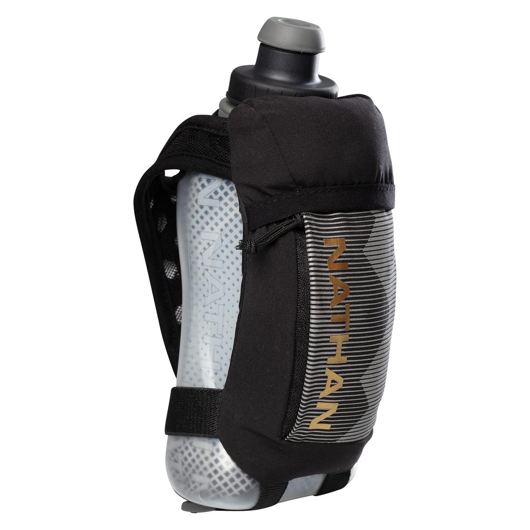 NathanRunning Handheld Quick Squeeze Water Bottle. No-Grip Adjustable Hand Strap. 12oz / 18oz / Insulated. Reflective Hydration Water Bottle.