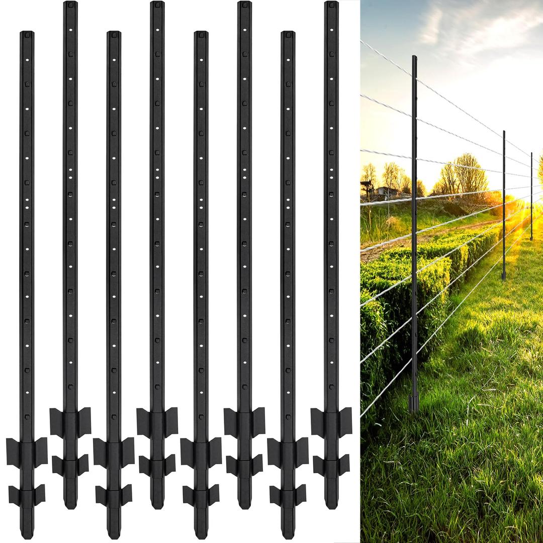 Fence Posts 4 Feet, Heavy Duty Metal Fence Post with U-Channel, Steel Fence U Post for Wire Fencing Steel Post for Yard, Outdoor Wire (Black - Set 8)