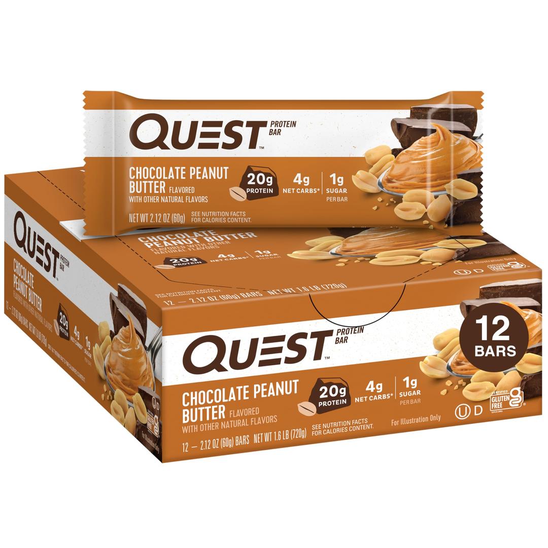 Quest NutritionChocolate Peanut Butter Bars, 20g Protein, 1g Sugar, 5g Net Carb, Gluten Free, Keto Friendly, 12 Count