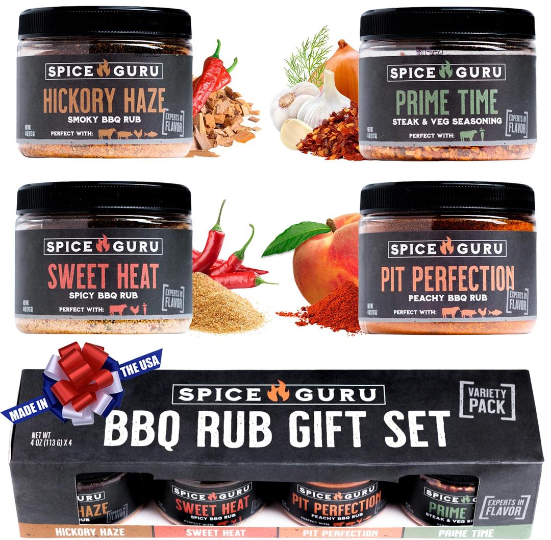 Spice Guru BBQ Rub Set - 4 Flavor BBQ Seasoning Set - Gifts for Men Who Cook - Dad Gifts for Dad - Men Gifts - Birthday Gifts for Men - BBQ Grilling Accessories - Grilling Gifts for Men