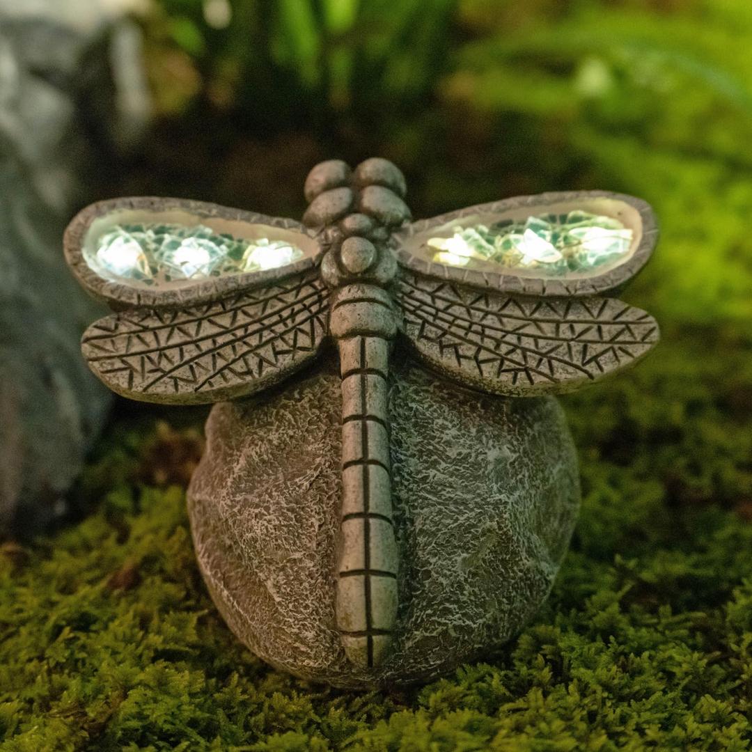 Garden Statue Dragonfly,Solar Dragonfly Decor for Outdoor,Resin Dragonfly Figurine with Solar Light for Patio,Balcony,Yard,Lawn Ornament,Perfect Garden Gift