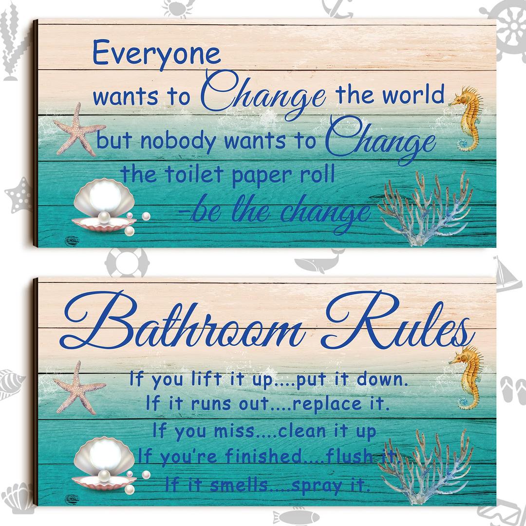 2 Pieces Funny Teal Bathroom Signs Beach Theme Bathroom Wall Decor Teal Bathroom Accessories Farmhouse Toilet Rustic Wooden Signs(Sea World Style)