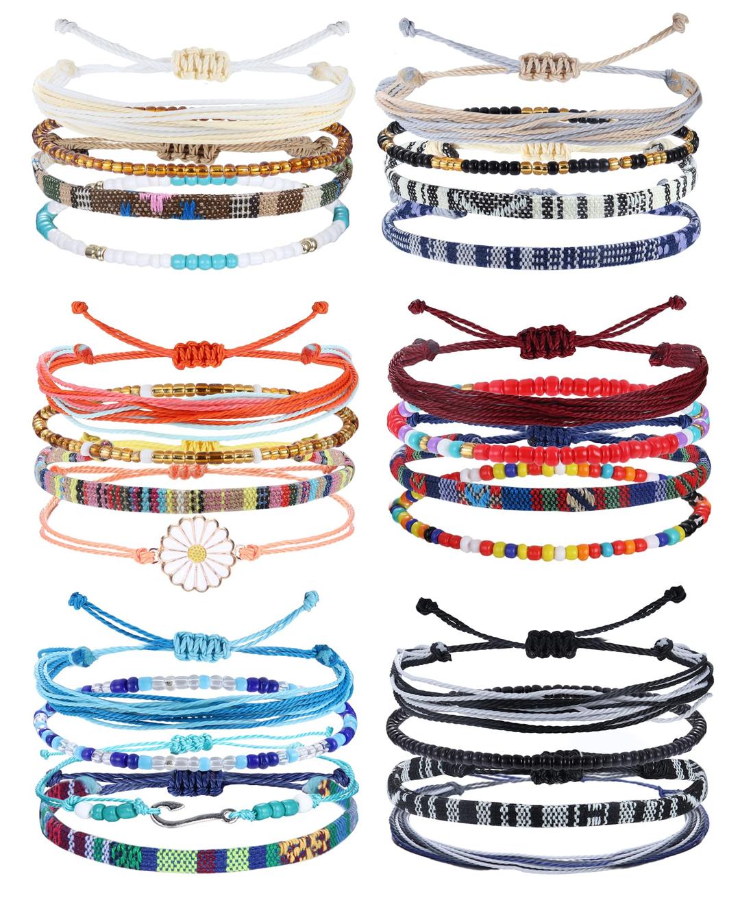 LOLIAS24 Pieces Waterproof String Bracelets for Women Surfer Wave Boho Bracelet Adjustable Handmade Friendship Bracelet String Ocean Beach Boho Bracelets Anklets for Women